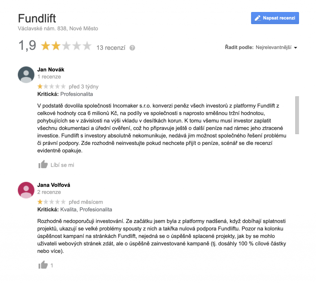 Fundlift recenze investorů na Googlu